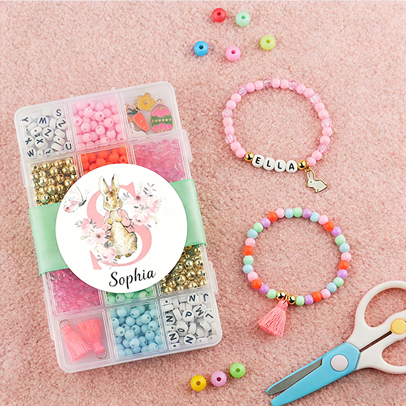 Personalized Easter Bracelet DIY Kit for Kids Custom Name Beads and Acrylic Box with Name Sticker Bunny Love Easter DIY Stretchy Bracelet Craft Kit Activity  Perfect Gift for Kids
