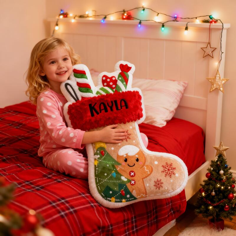 Personalized Cute Gingerbread Man Christmas Stocking with Name Graphic 3D Print Pillow Christmas Gift for Kids or Baby Birthday Gifts
