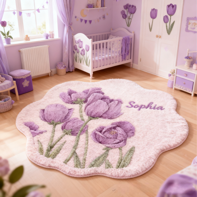 Personalized Purple Tulips with Name Soft Rug Christmas Gift for Kids Rug Birthday Gifts for Kid