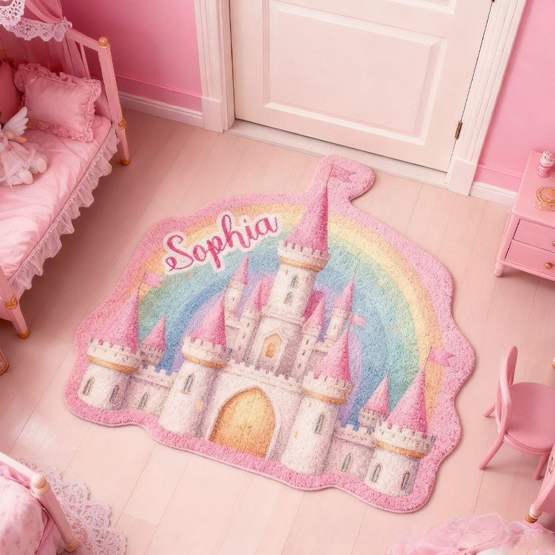 Personalized Pink Rainbow Castle with Name Soft Rug Christmas Gift for Kids Rug Birthday Gifts for Kid