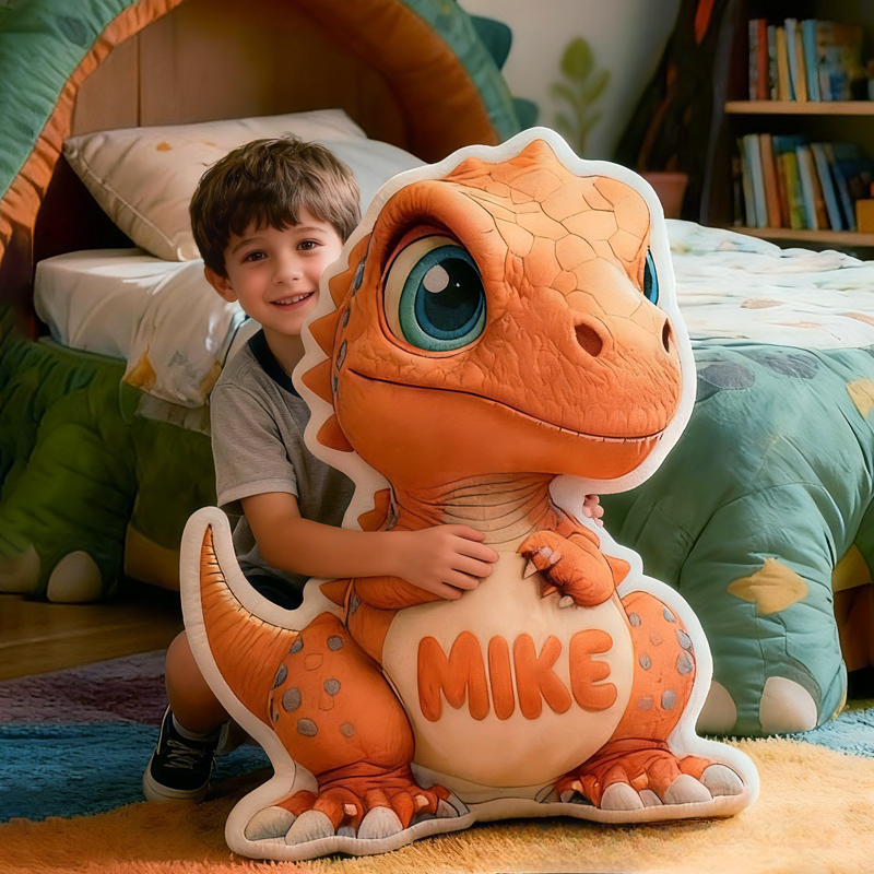 Personalized Cute Orange Dinosaur Initials with Name Graphic 3D Print Pillow Christmas Gift for Kids Birthday Gift