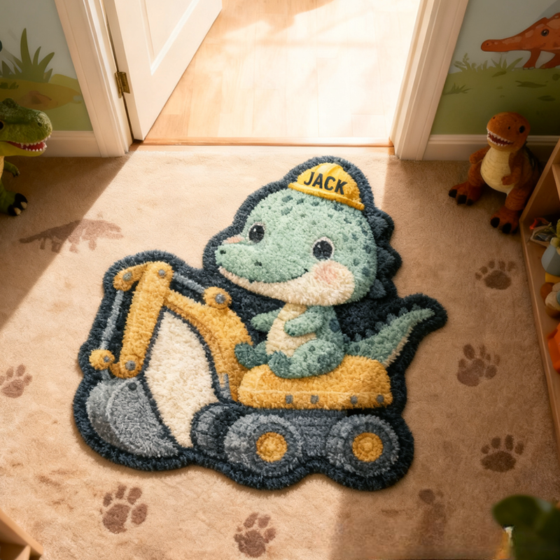 Personalized Cartoon Dinosaur Excavator with Name Soft Rug Christmas Gift for Kids Rug Birthday Gifts for Kids