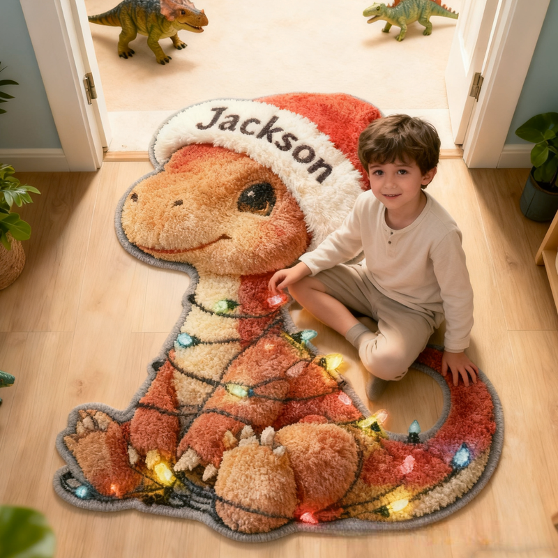Personalized Cute Christmas Dinosaur with Name Soft Rug Christmas Gift for Kids Rug Birthday Gifts for Kids