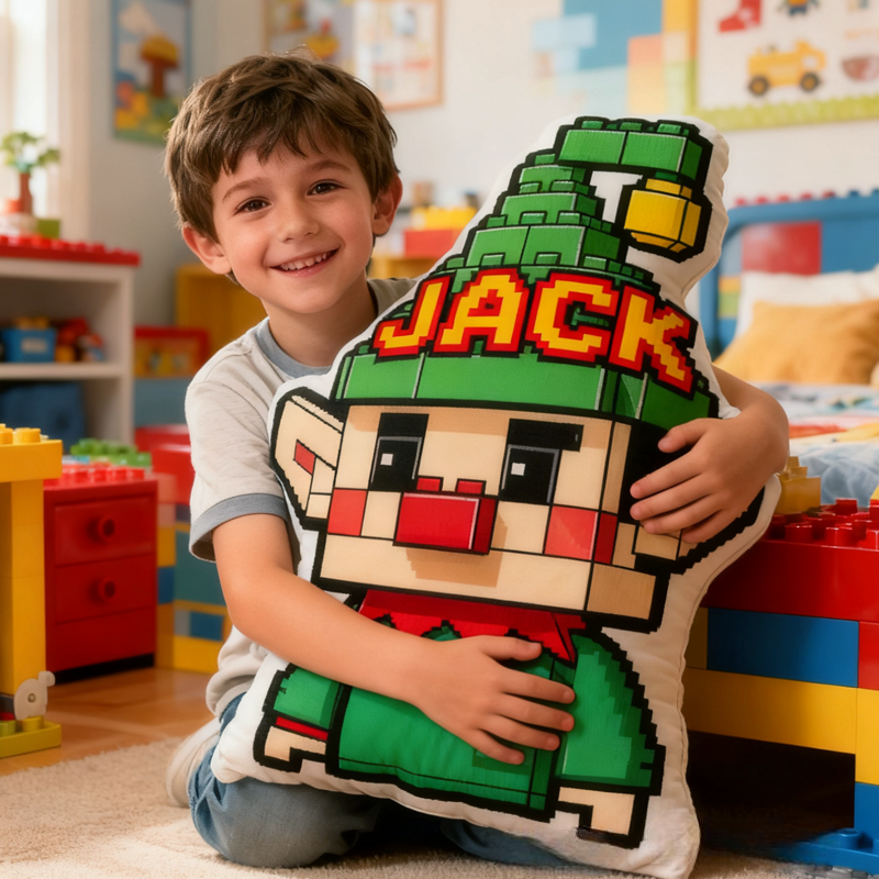 Personalized Christmas Building Blocks Character with Name Graphic 3D Print Pillow Christmas Gift for Kids Birthday Gift