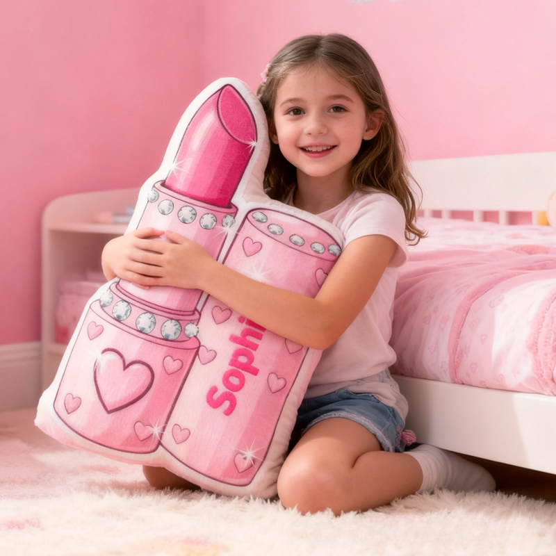 Personalized Pink Glitter Lipstick with Name Graphic 3D Print Pillow Christmas Gift for Kids 