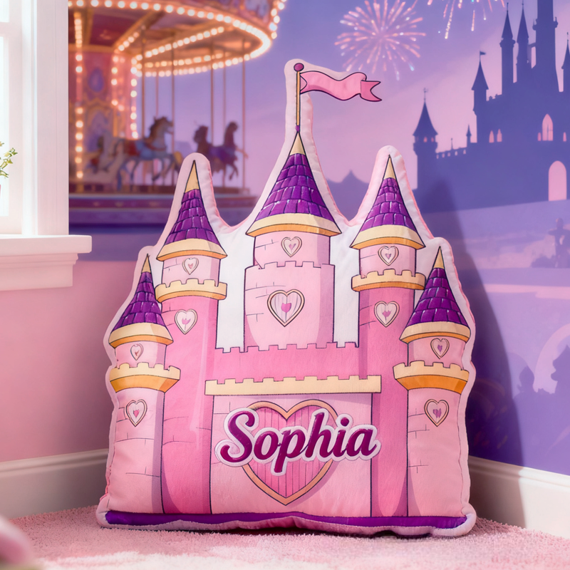 Personalized Cute Pink and Purple Castle with Name Graphic 3D Print Pillow Christmas Gift for Kids 