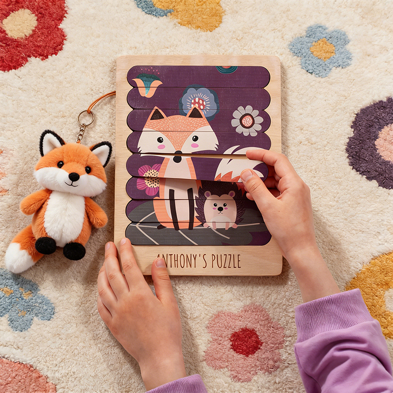 Personalized Wooden Forest Animal Puzzle Set forKids Customizable with Name and Interchangeable Patterns Montessori Toy Multiple Designs Available