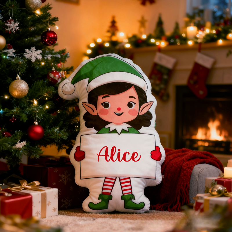 Personalized Cartoon Cute Elf with Name Pillow Christmas Gift for Kids Family