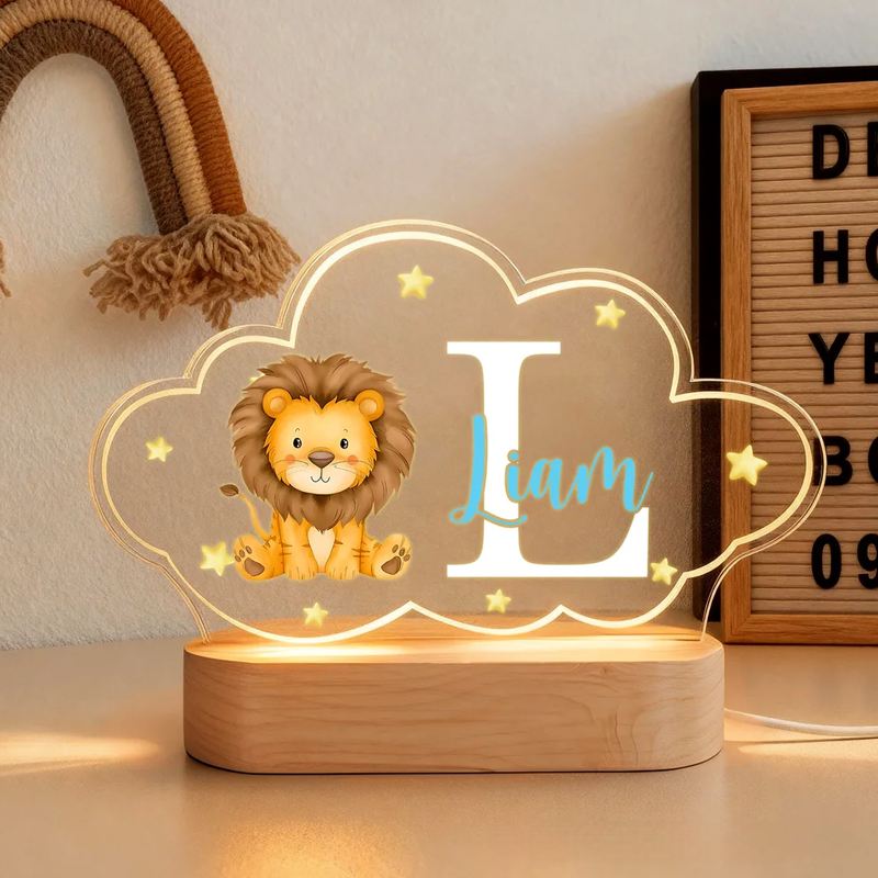 Personalized Cute Animals Star Cloud Style Acrylic LED Night Light with Wooden Base and Name Birthday Anniversary Gift for Kid Newborn