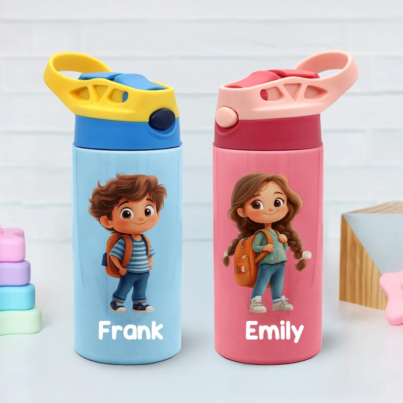 Personalized Cute Cartoon Character Name 12 oz Insulated Water Bottle with Straw and Spill-Proof Lid Back to School Gift for Boys Girls