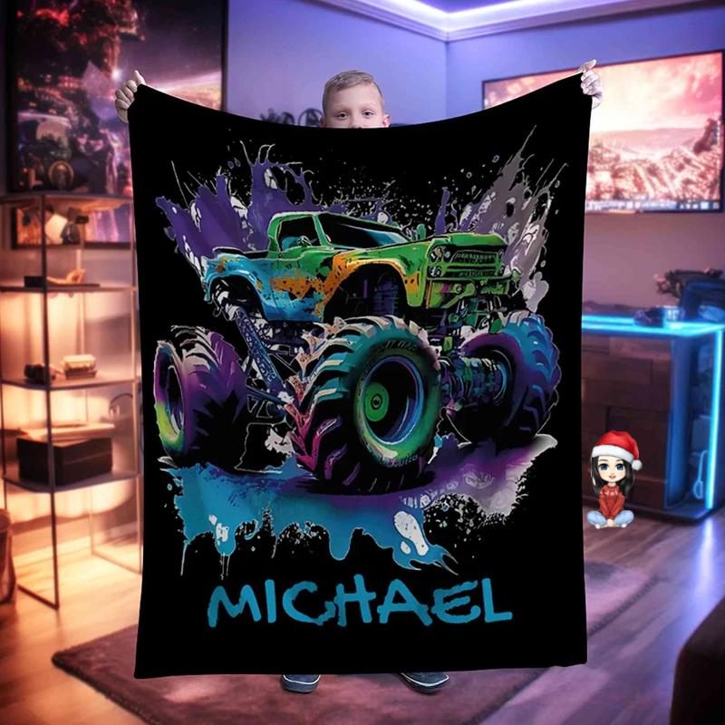 Personalized Big Wheel Off Road Truck Soft Throw Blanket with Name Home Decor Birthday Gift 