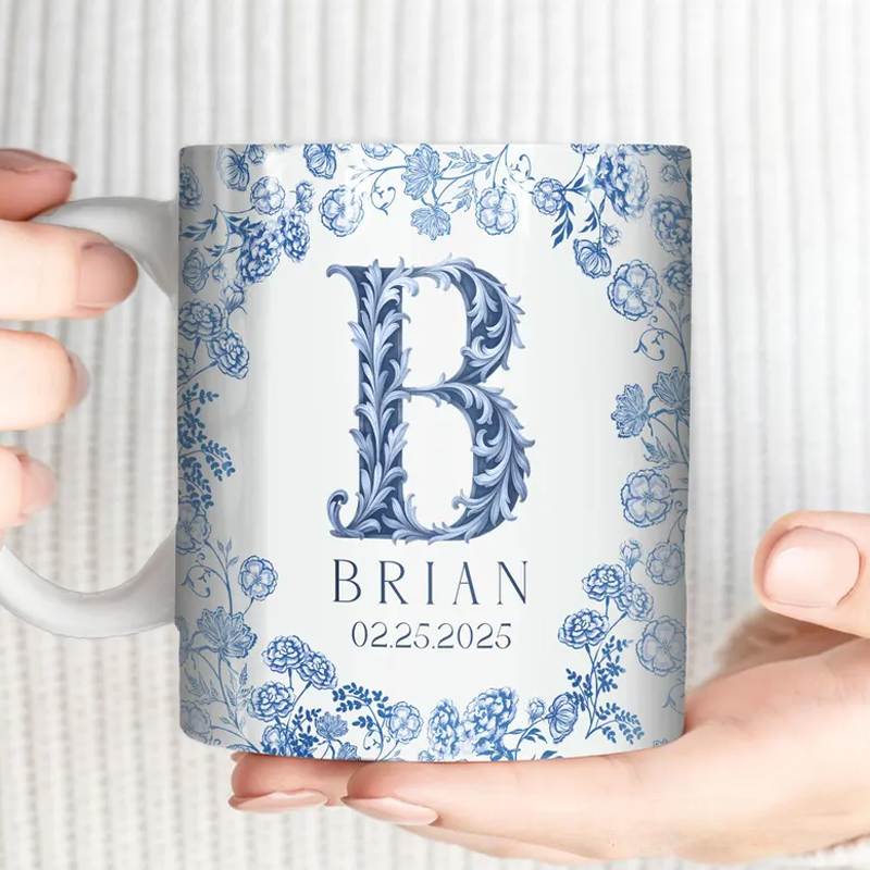 Personalized Monogram Mug Custom Name Mug Initial Letter Coffee Mug Blue Toile Mug 