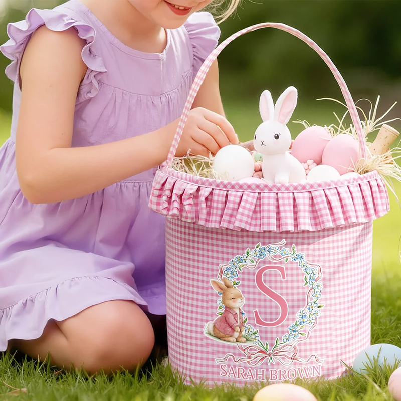 Personalized Cute Wreath Bunny Plaid Easter Basket with Name and Initial Easter Eggs Hunting Easter Day Gift for Boys Girls