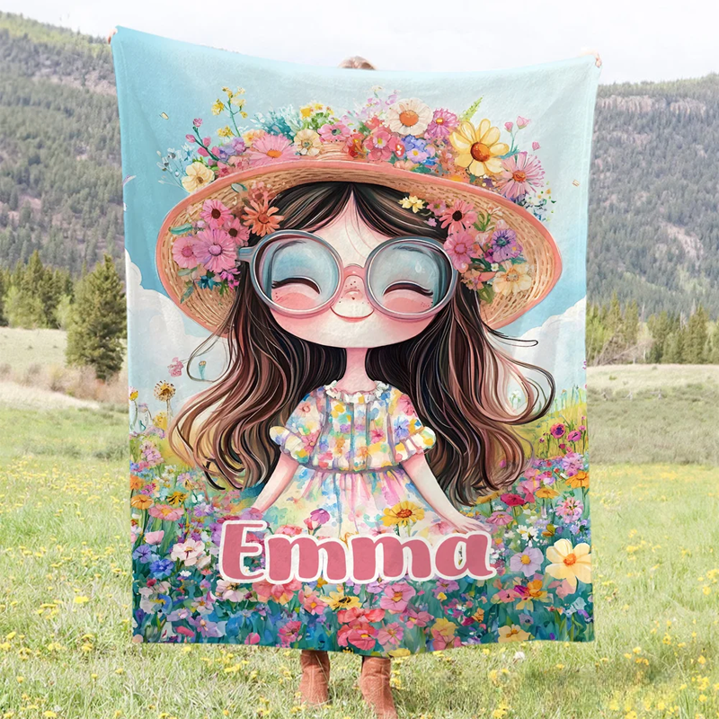Personalized Cartoon Quirky Flower Girl Soft Throw Blanket with Name Home Decor Daily Use Christmas Gift