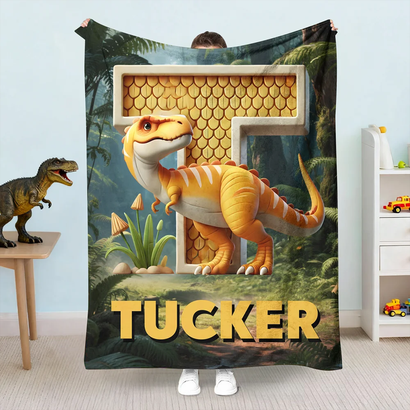 Personalized 3D Dinosaur Multicolor Soft Throw Blanket with Initial and Name Home Decor Christmas Gift