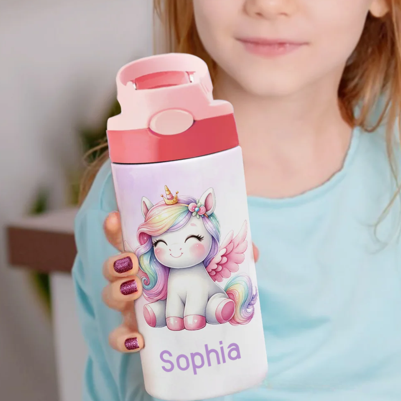 Personalized Colorful Dream Horse 12oz Insulated Name Water Bottle with Silicone Straw and Handle Birthday Christmas Gift