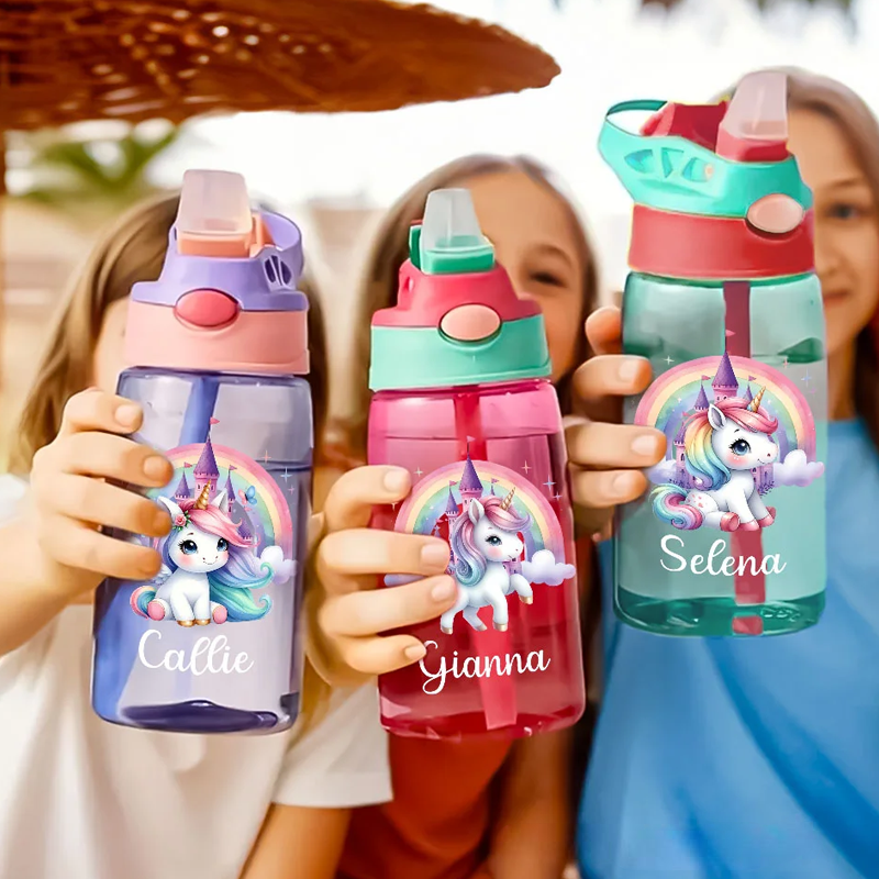 Personalized Rainbow Castle Dream Horse Design 16 oz Kid Water Bottle with Straw and Name Birthday Christmas Back to School Gift