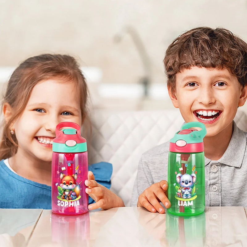 Personalized Cartoon Bear Lion Animals Name 16 oz Water Bottle with Straw and Handle Outdoor Supplies Back to School Birthday Gift for Boys Girls