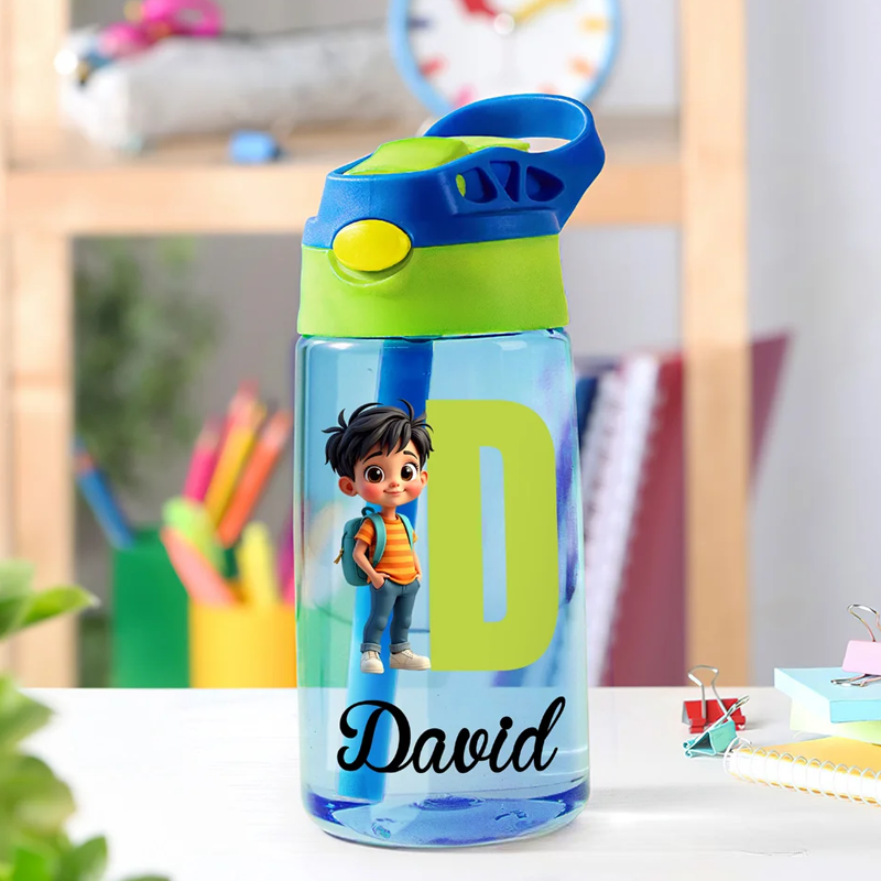 Personalized Cartoon Character 16 oz Kid Water Bottle with Name and Initial Outdoor Activities Birthday Christmas Back to School Gift 