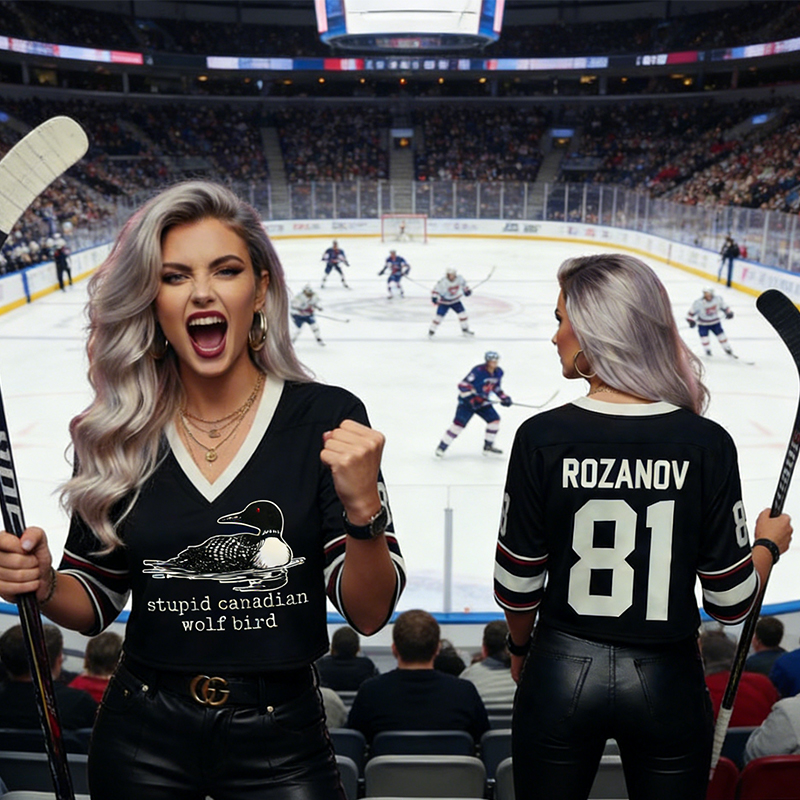 Personalized "Stupid Canadian Wolf Bird" Women's Hockey Crop Jersey with Custom Details for Hockey Fans 