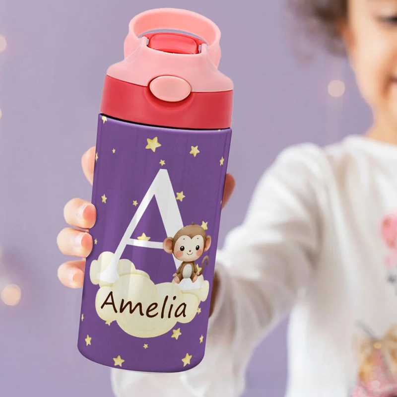 Personalized Initial Cute Forest Animal 12oz Kid Insulated Name Water Bottle with Handle and Silicone Straw Birthday Back To School Gift 