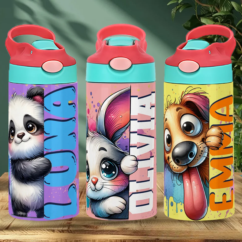 Personalized Cute Watercolor Animal 12 oz Kid Insulated Name Water Bottle with Handle and Silicone Straw Birthday Back to School Gift