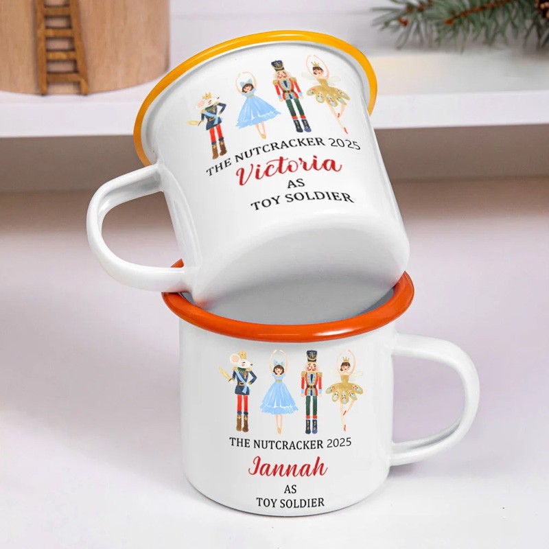 Personalized Cute Nutcracker Solider Ballet Girl 12oz Colored Rim Enamel Cup with Name and Year Birthday Christmas Gift