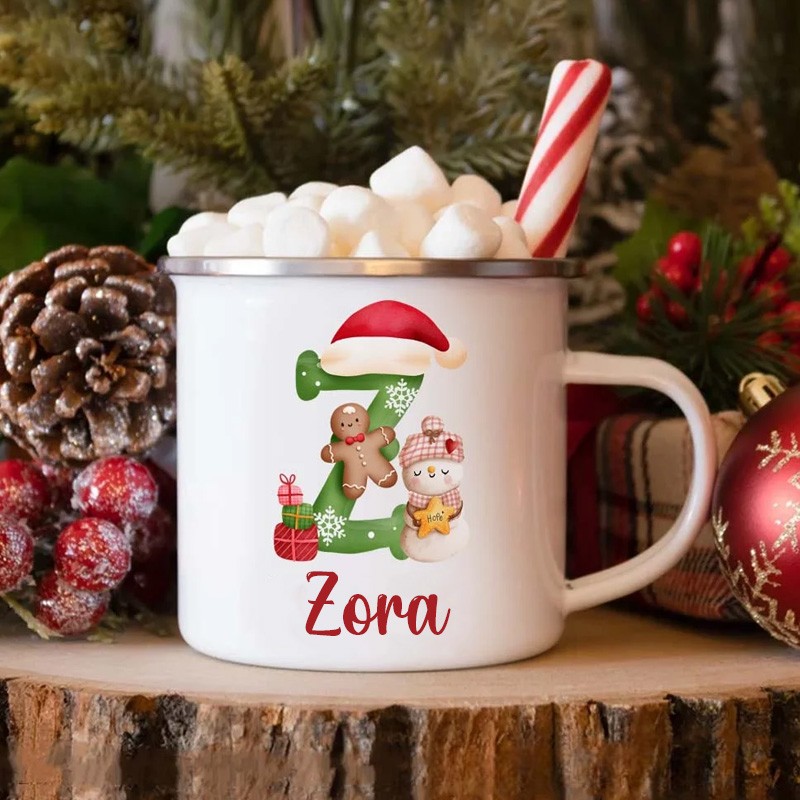 Personalized Christmas Alphabet 12oz Enamel Camping Mug