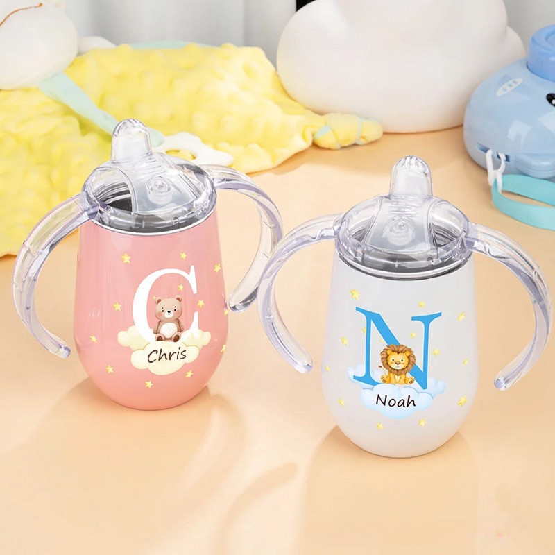 Personalized Initial Forest Animals Insulated Name Sippy Cup with Lid and Handle Birthday Baby Shower Back to School Gift for Toddler Kids