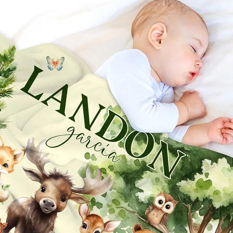 Personalized Cute Forest Animals Fox Rabbit Soft Throw Blanket with Name Nursery Room Decor Birthday Gift for Boys Girls