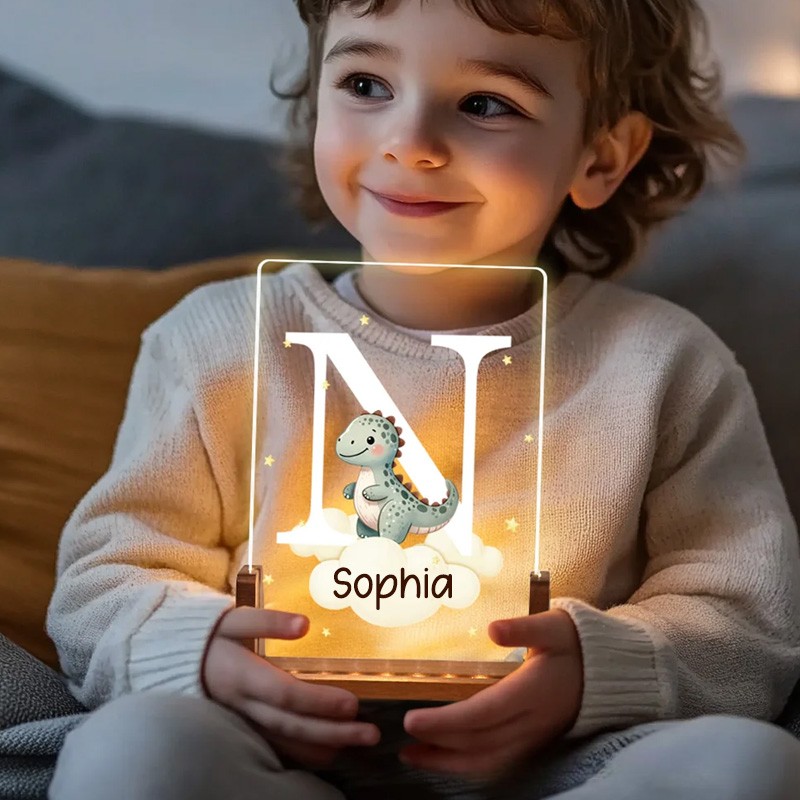 Personalized Cute Forest Animal Acrylic Cloud Star LED Night Light with Wooden Base Name and Initial Birthday Day Gift for Boys Girls