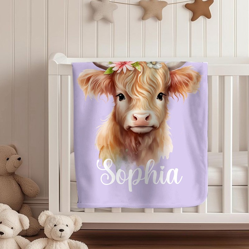 Personalized Cute Floral Highland Cow Soft Throw Baby Blanket with Name Birthday Gift for Highland Cow Lovers