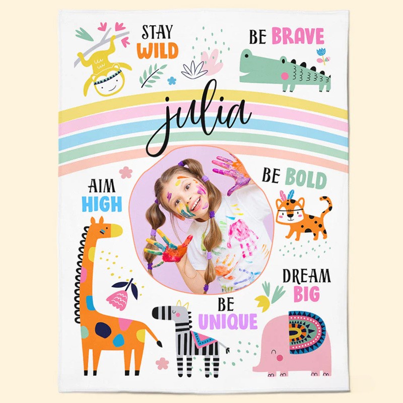 Personalized Stay Wild Affirmations for Kids with Safari Animals Blanket