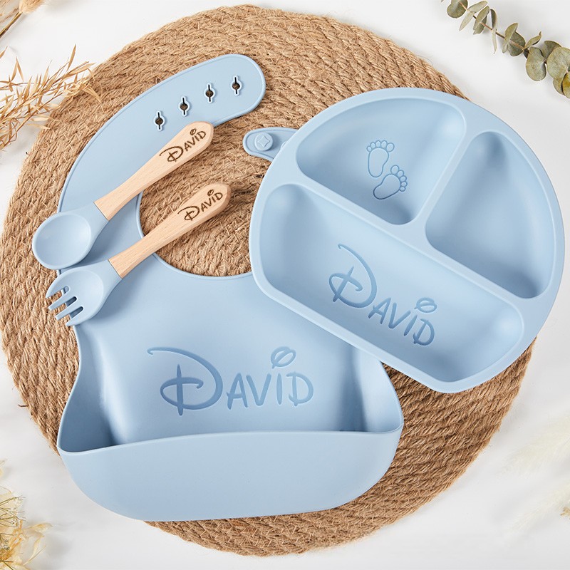 Personalized Engraved Silicone Baby Weaning Set Baby Feeding Plate and Bib Unique Baby Shower Gift  Baby Essentials Baby Shower Gifts