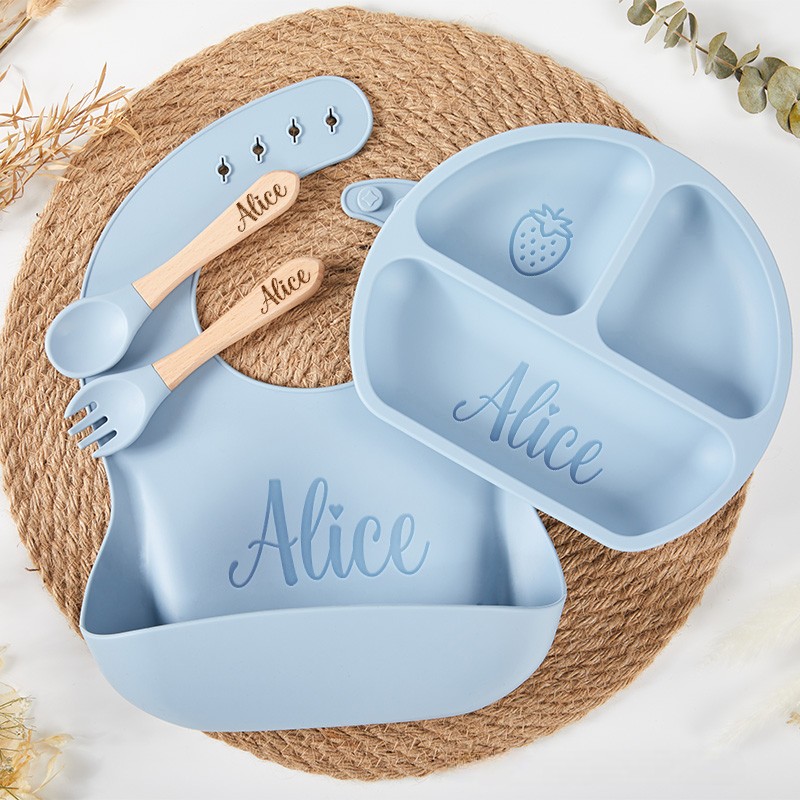 Personalized Eco Friendly Silicone Weaning Set with Engraved Name Unique Bib and Plate for Baby Ideal Baby Shower Gift