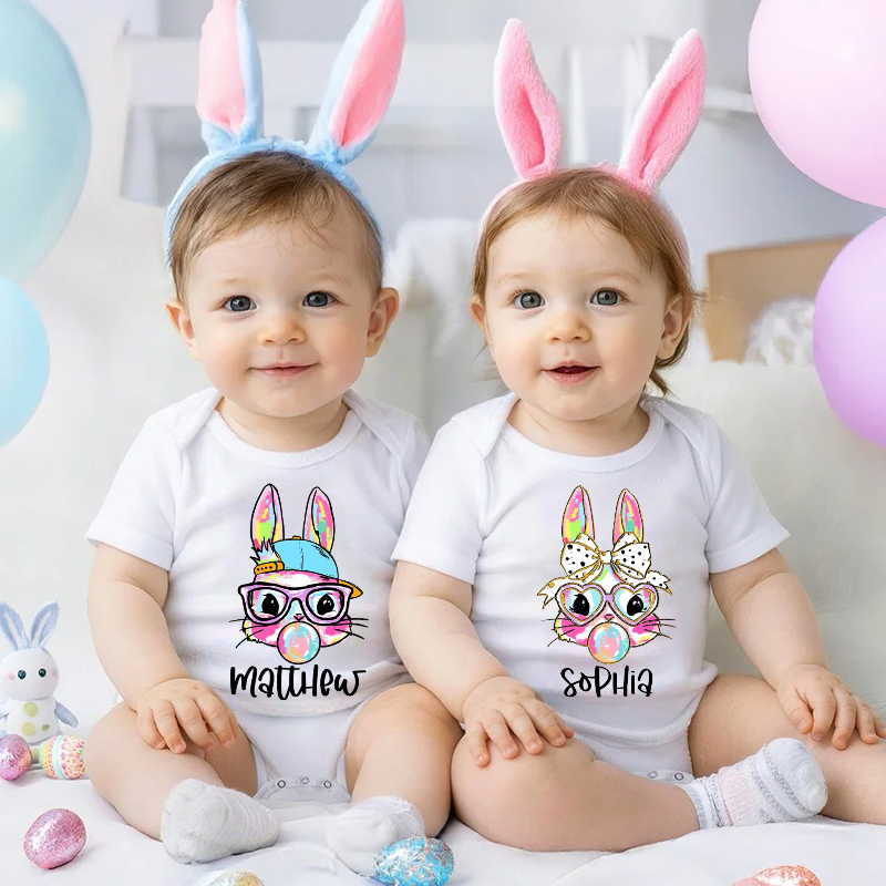 Personalized Coquette Bow Easter Bunny Baby Bodysuit with Name Easter Party Birthday Gift for Kids Boys Girls