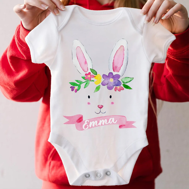 Personalized Cute Easter Bunny Watercolor Floral 100% Cotton Baby Bodysuit with Name Holiday Party Outfit Easter Gift for Baby Boys Girls
