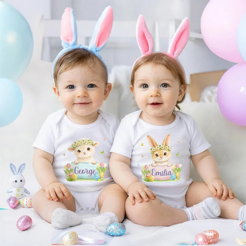 Personalized Easter Bunny Theme Custom Name Floral Wreath Cute Infant Outfit Spring Gift for Newborn Toddler Baby Bodysuit