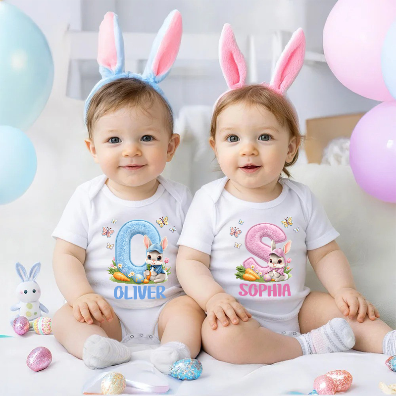 Personalized 3D Printing Easter Bunny Baby Bodysuit with Name Easter Party Birthday Gift for Kids Boys Girls