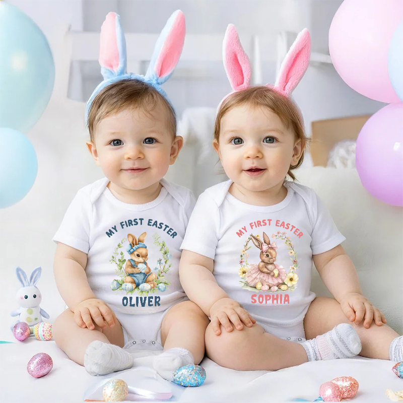 Personalized My First Easter Bunny Baby Bodysuit with Name Easter Party Birthday Gift for Kids Boys Girls