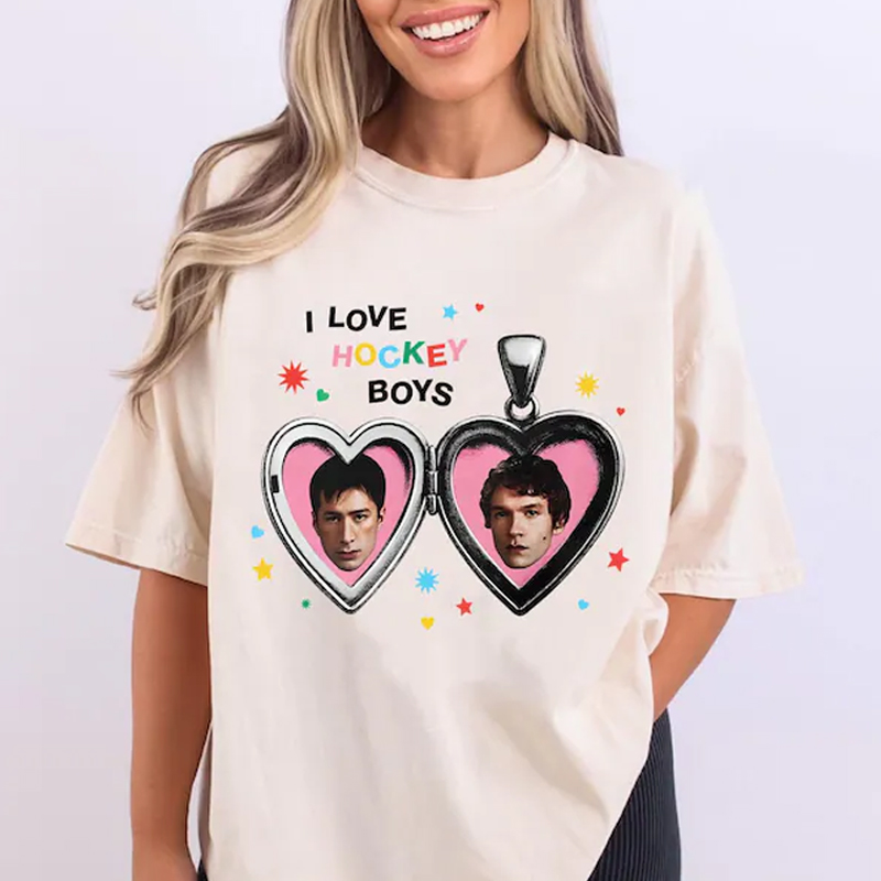 Personalized Hockey Washed T-Shirt with “I Love Hockey Boys” Heart Design for Stylish Hockey Fans