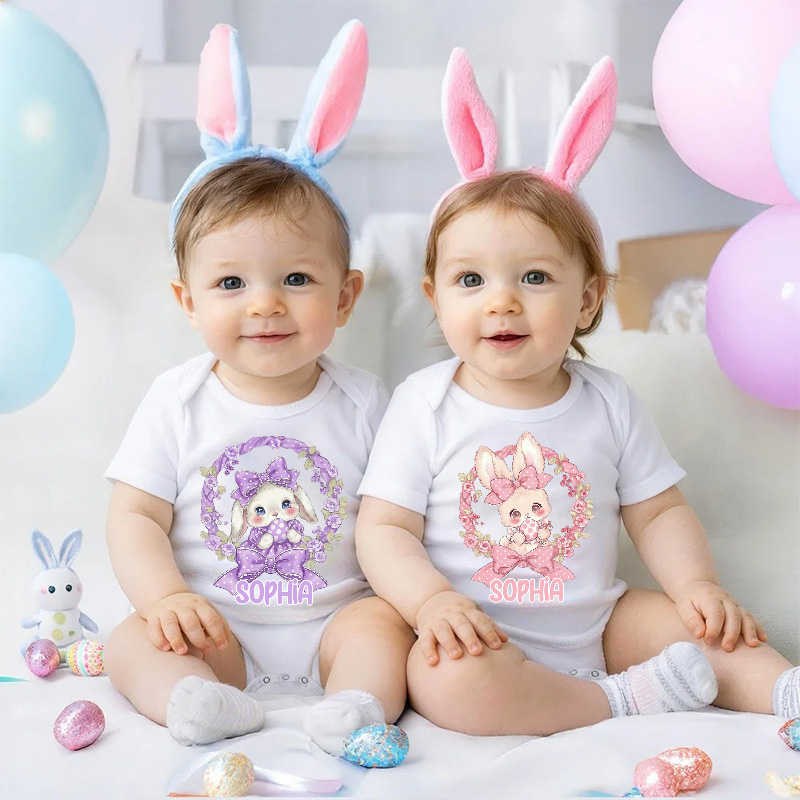Personalized Easter Bunny Floral Theme Custom Name Cute Infant Outfit Spring Gift for Baby Girl Photography Easter Party Baby Bodysuit