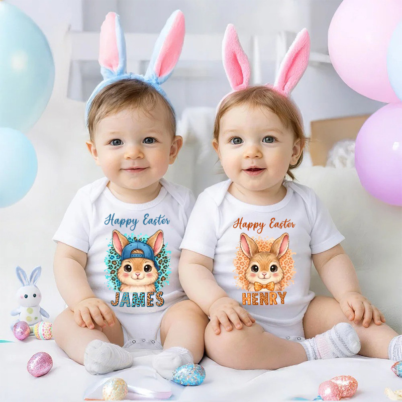 Personalized Easter Bunny Theme Custom Name Cute Infant Outfit Twins Matching Clothes Spring Gift for Baby Boy and Girl Celebration Baby Bodysuit