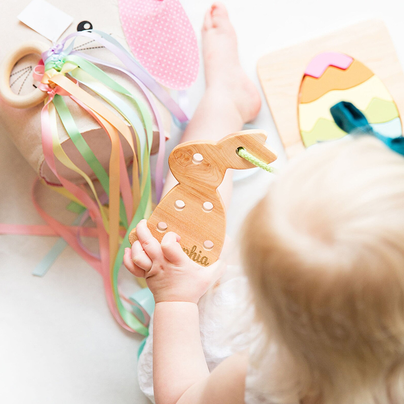 Personalized Easter Lacing Toy for Kids Custom Name Wooden Bunny with Colorful Strings Fun and Educational
