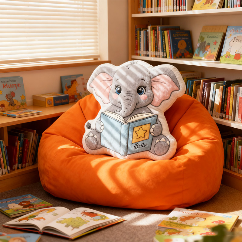 Personalized Reading Elephant Throw Pillow Graphic 3D Print Animal Pillow with Name for Kids Boys Girls Book Lover Gifts Birthday Gift
