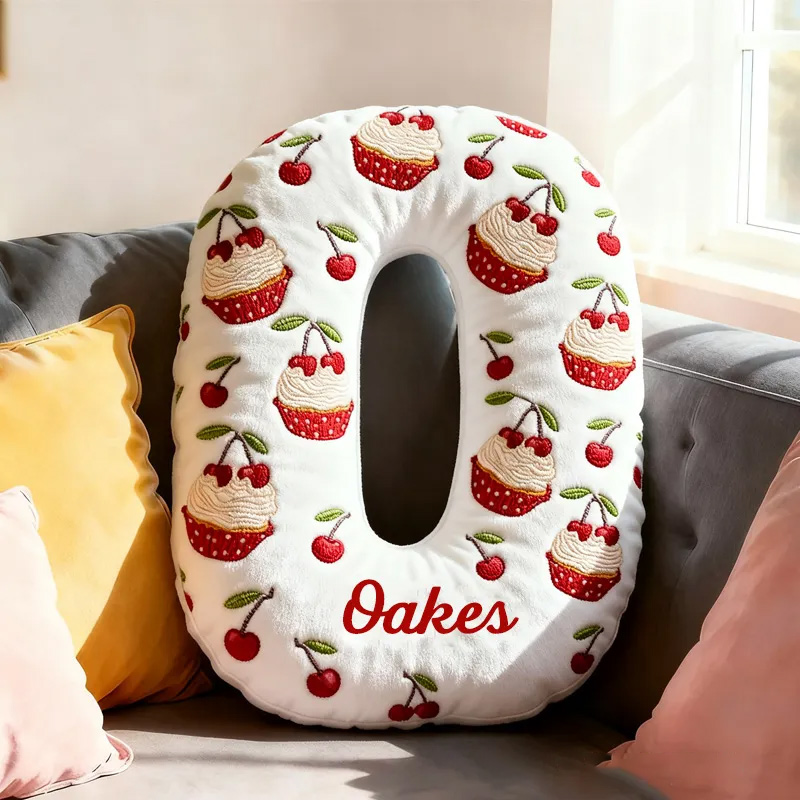 Personalized Cherry Cupcake Alphabet Throw Pillow Graphic 3D Print Christmas Dessert Letter with Name for Baker Gift for Kids Boys Girls