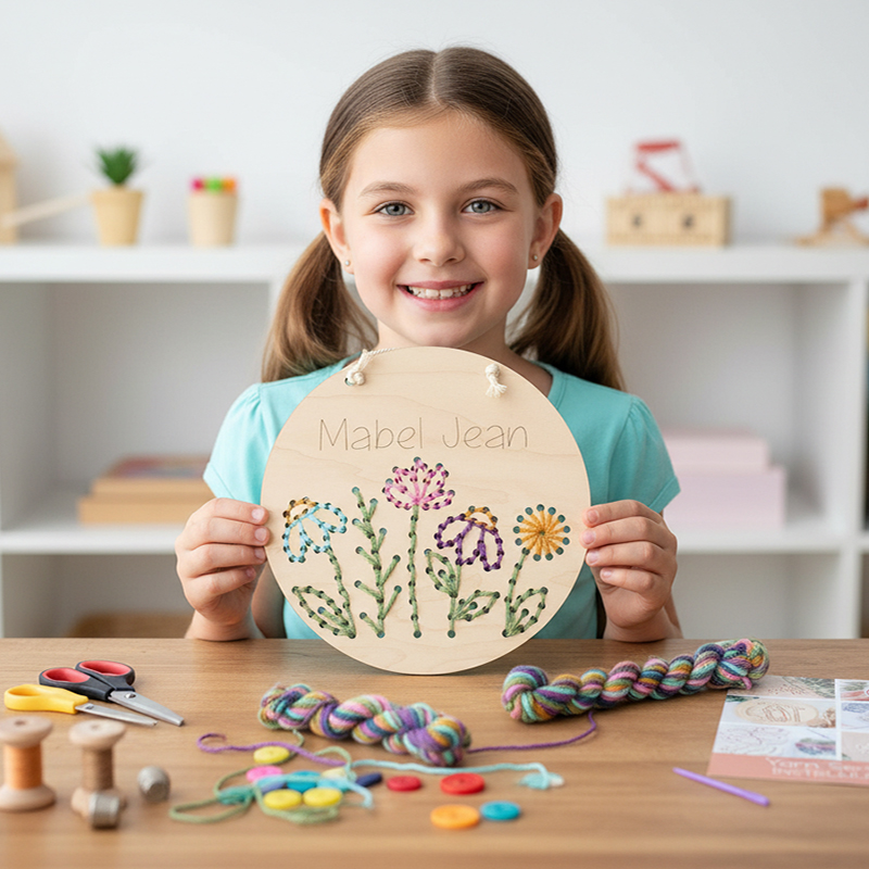 Personalized Flower Sewing Craft Kit for Girls Beginner Yarn Embroidery Set with Custom Name Perfect Easter Gift