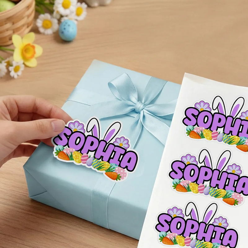 Personalized Cute Easter Bunny Ears Waterproof Stickers Labels with Name Gift Decoration Easter Day Party Favors for Kids
