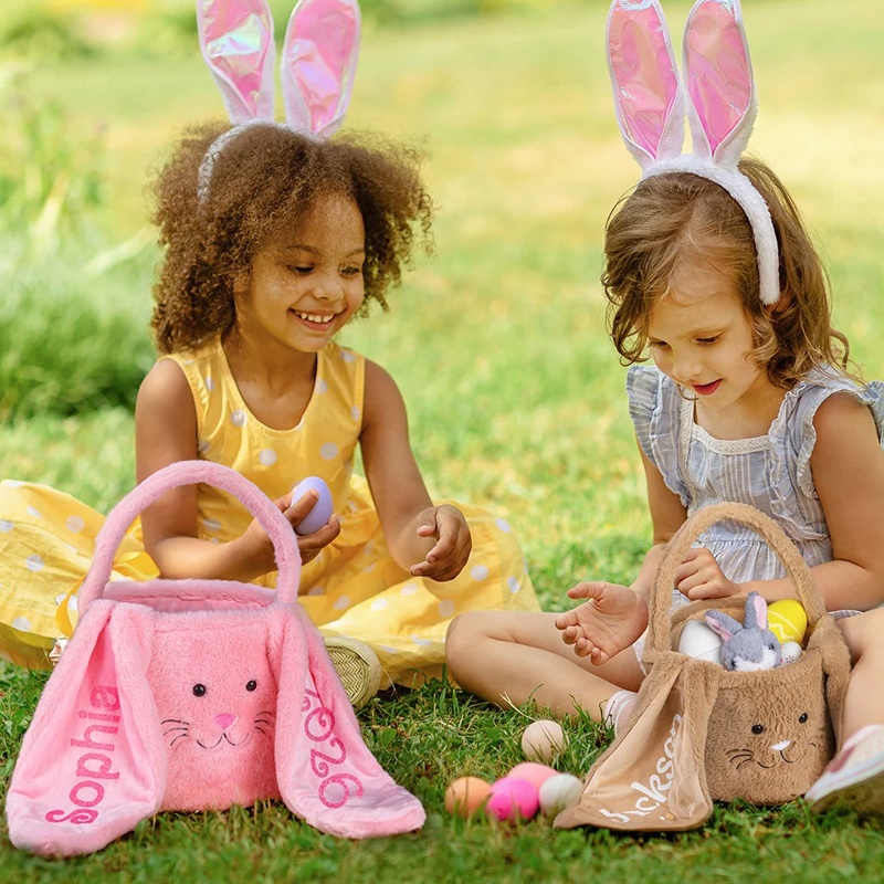 Personalized Cute Long Ears Furry Bunny Easter Basket with Glitter Name Easter Egg Hunting Gift for Kids