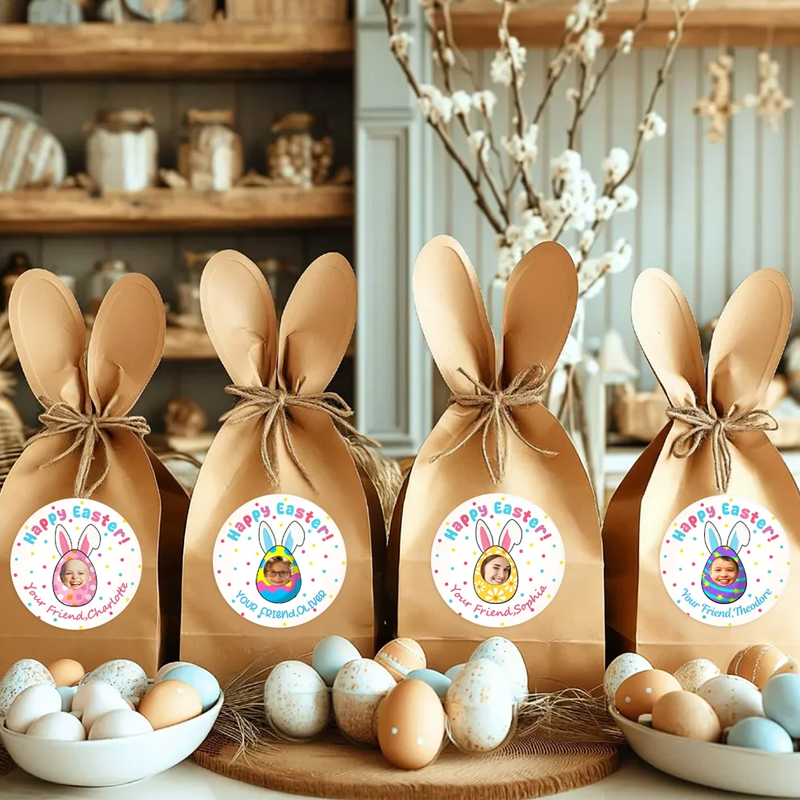 Personalized Cute Rabbit Ear Egg Set of 2 Easter Waterproof Stickers Labels with Name and Photo Easter Day Decor Party Favors for Family Kids